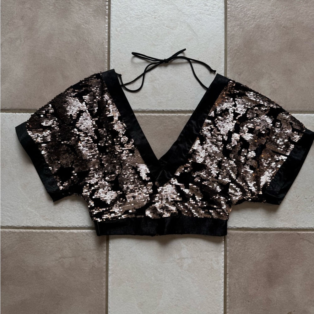 Sequin Crop Top with Black Trim - Size: Small